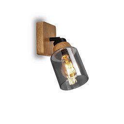 Briloner Royk nástěnné svítidlo, kouřové sklo, nastavitelné, 1-ramenné, dřevěná základna - BRILONER Obrázek pro produkt Briloner Royk nástěnné svítidlo, kouřové sklo, nastavitelné, 1-ramenné, dřevěná základna - BRILONER