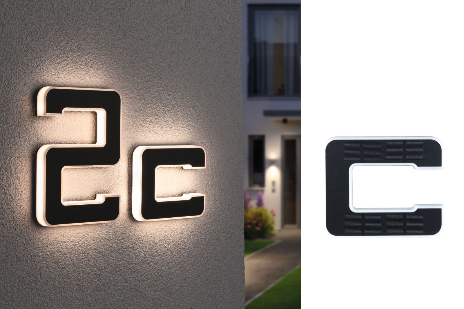 P 94652 Solární LED domovní číslo a svítidlo písmeno C vč. vyměnitelné nabíjecí baterie IP44 3000K černá - PAULMANN
