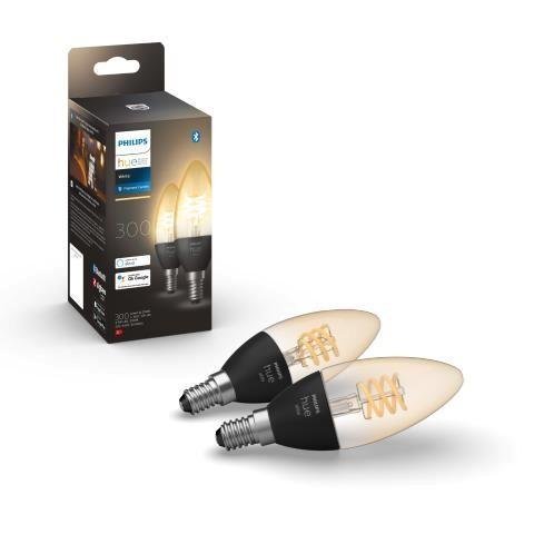 Levně PH 8719514302211 Hue Bluetooth LED White set 2ks filamentových žárovek Philips svíčka 8719514302211 E14 4,5W 300lm 2100K černé, stmívatelné - PHILIPS (929002479502)