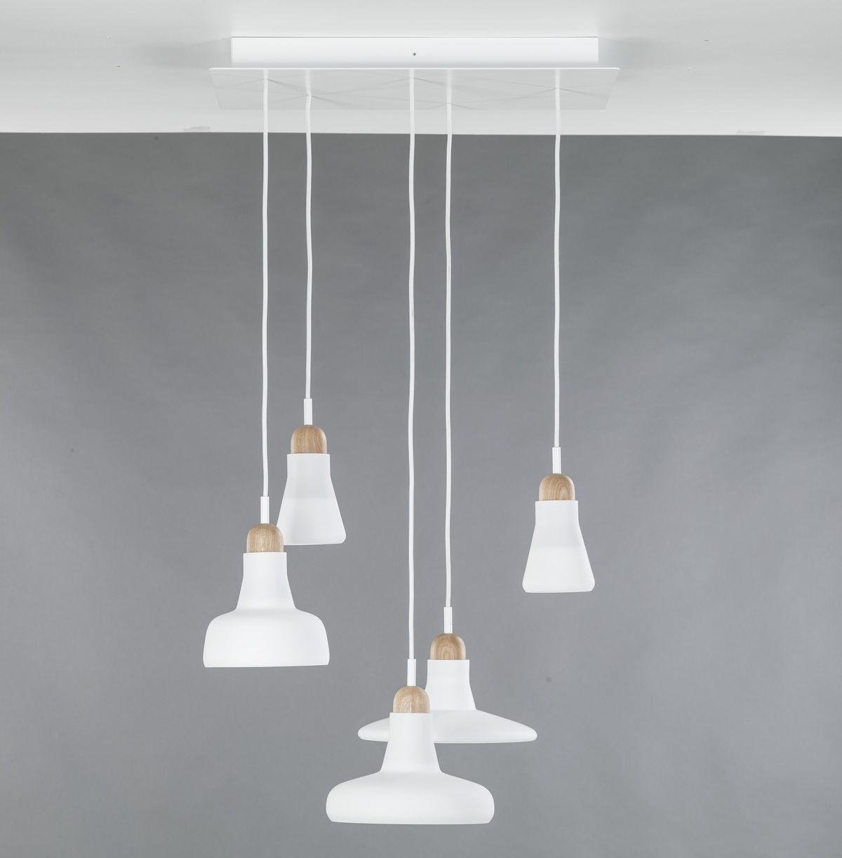 Levně BRO PC00931_034 Shadows set rectangular small, závěsné svítidlo, ručně foukané sklo, matná bílá / surový dub / bílý kabel, 5x5W LED, 60x36cm - BROKIS A