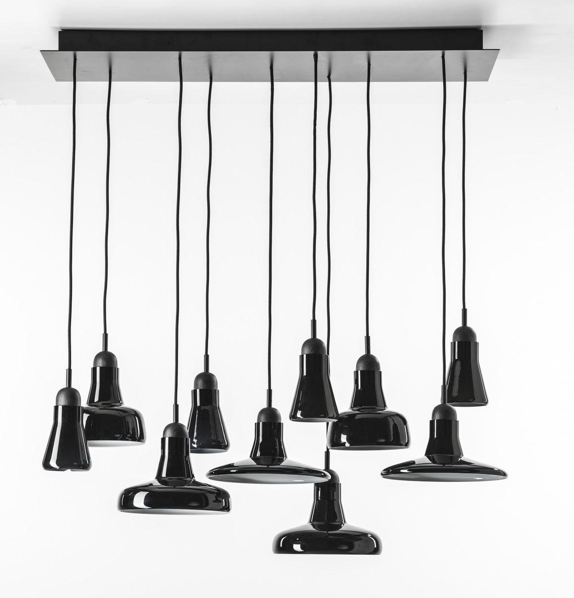 BRO PC00921_029 Shadows set rectangular large, závěsné svítidlo, ručně foukané sklo, lesklá černá / černý dub / černý kabel, 10x5W LED GU10 dim, 100x36cm - BROKIS A