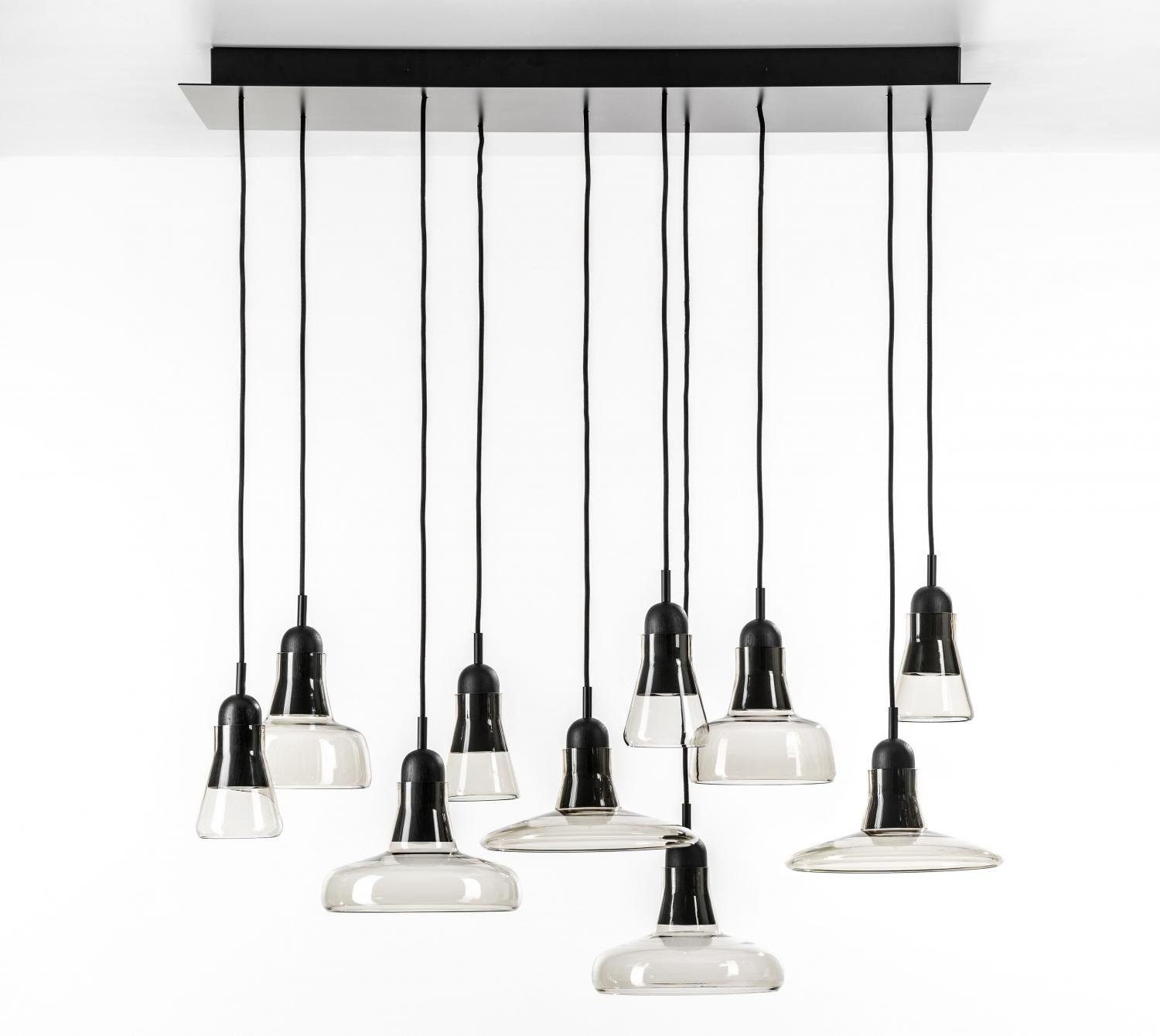 Levně BRO PC00921_035 Shadows set rectangular large, závěsné svítidlo, ručně foukané sklo, kouřová hnědá / černý dub / černý kabel, 10x5W LED GU10 dim, 100x36cm - BROKIS A
