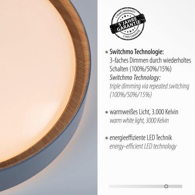 LD 14347-15 LED stropní svítidlo, kruhové, pr. 40 cm, stmívatelné, šedá, dekor dřeva, krokově stmívatelné, 3000K - JUST LIGHT (obrázek 3)