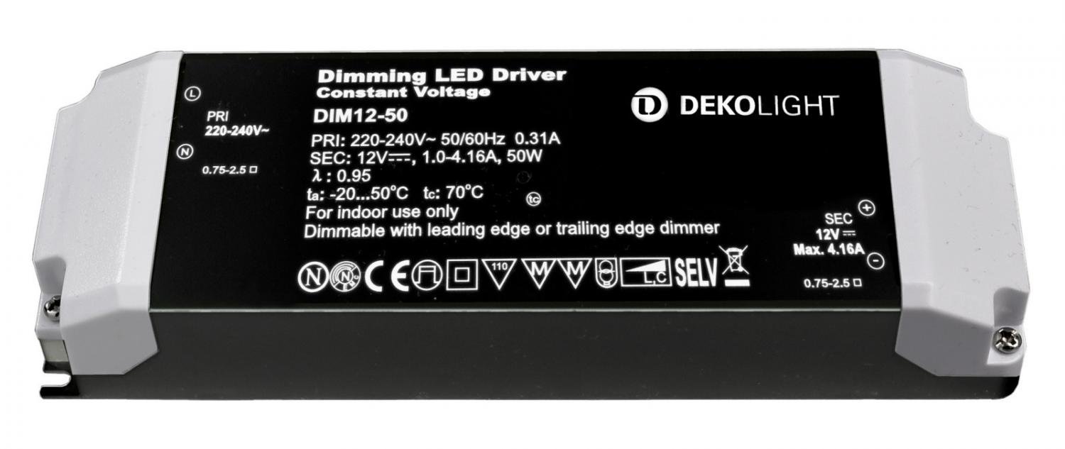 Deko-Light LED-napájení BASIC, DIM, CV 12V 12-50W konstantní napětí 1000-4610 mA IP20 stmívatelné 12V DC 12,00-50,00 W 862220