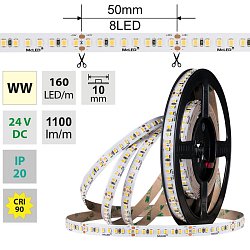 Obrázek pro produkt AKCE - LED pásek SMD2835 WW 160LED/m 9W/m DC 24V 1100lm/m 3000K CRI90 IP20 10mm 5m - McLED