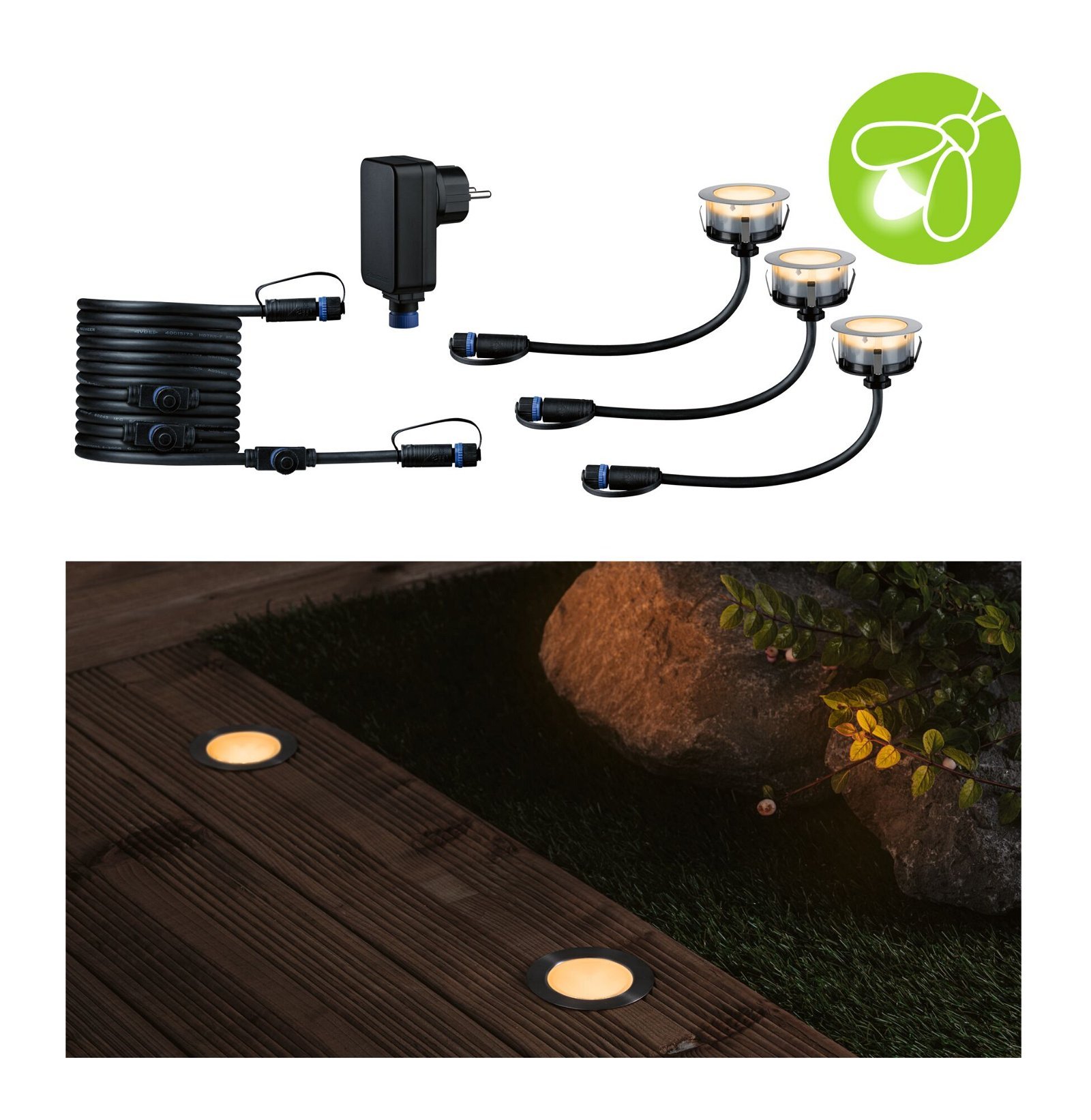 P 94722 Plug & Shine LED zemní svítidlo Floor základní sada neláká hmyz IP67 2200K 3x2W 21VA stříbrná - PAULMANN
