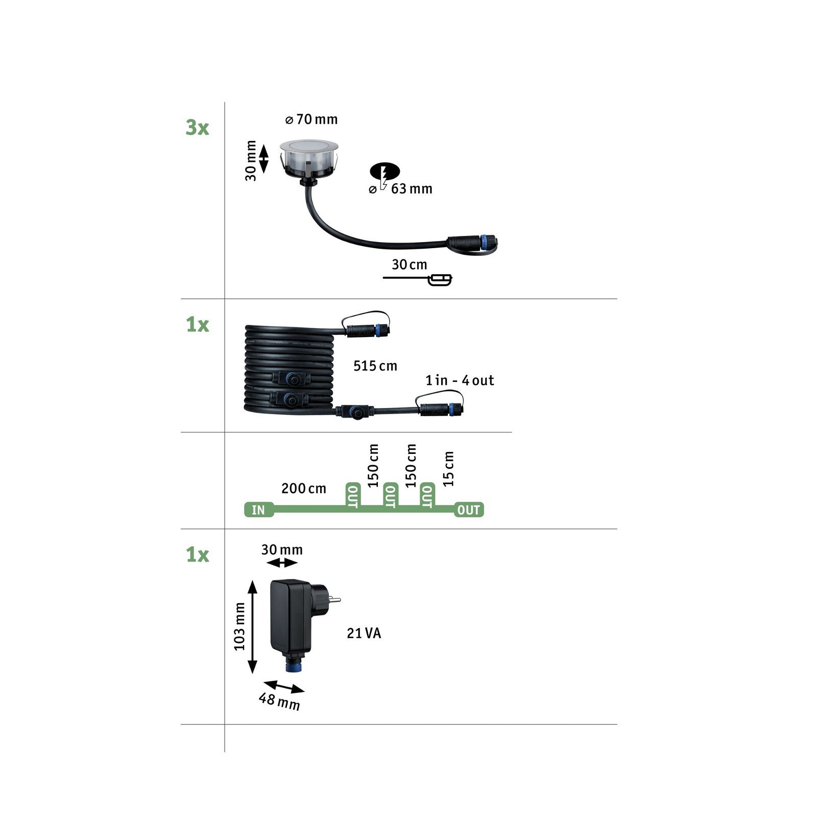P 94722 Plug & Shine LED zemní svítidlo Floor základní sada neláká hmyz IP67 2200K 3x2W 21VA stříbrná - PAULMANN (obrázek 3)