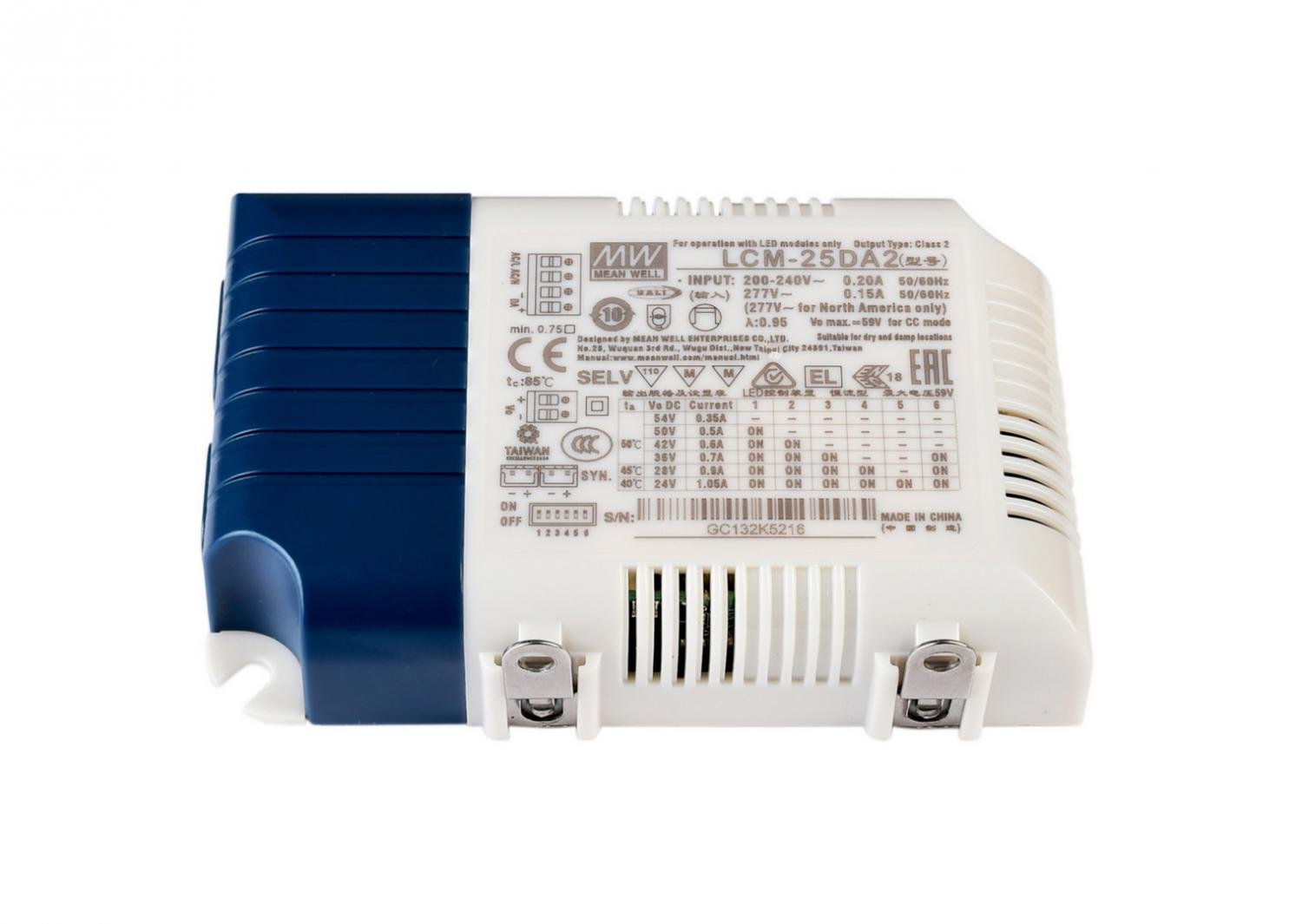 IMPR 862246 Meanwell LED-napájení DIM, Multi CC, LCM-25DA2 / DALI2 + DALI1 konstantní proud 350/500/600/700/900/1050 mA IP20 stmívatelné 6-54V DC 18,90-25,20 W - LIGHT IMPRESSIONS