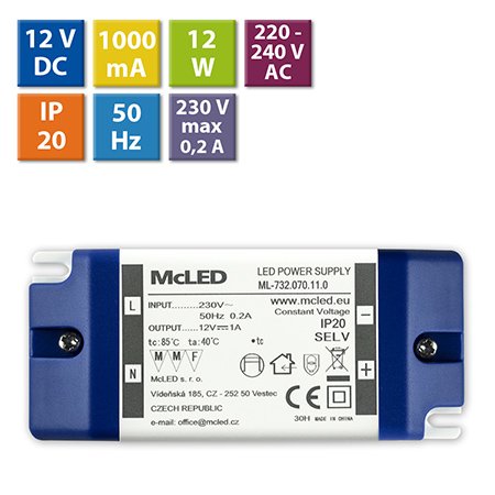 ML-732.070.11.0 AKCE - LED napájecí zdroj 12W, DC12V/1A, IP20, plastový