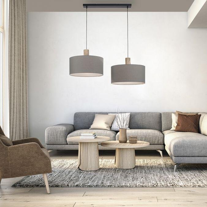 LD 15113-15 LINEN Závěsné svítidlo, tkanina, šedá, E27, dřevo, 2-ramenné - LEUCHTEN DIREKT / JUST LIGHT (obrázek 2)