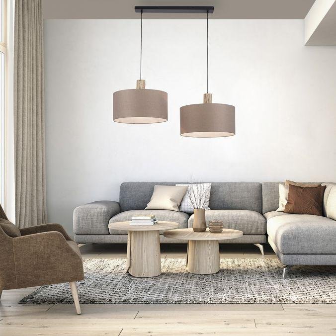 LD 15113-80 LINEN Závěsné svítidlo, tkanina, len přírodní, E27, dřevo, 2-ramenné - LEUCHTEN DIREKT / JUST LIGHT