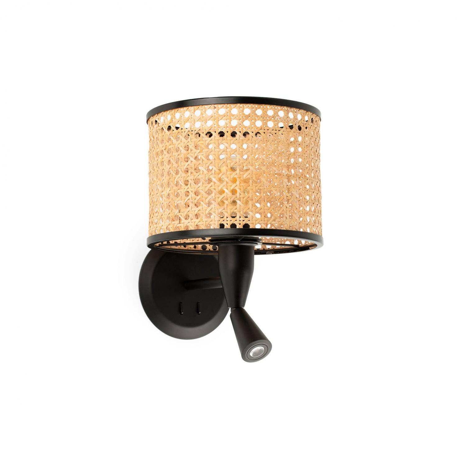 Levně FARO 64309-47 MAMBO černá/ratan nástěnná lampa se čtecí lampičkou pr.210 - FARO