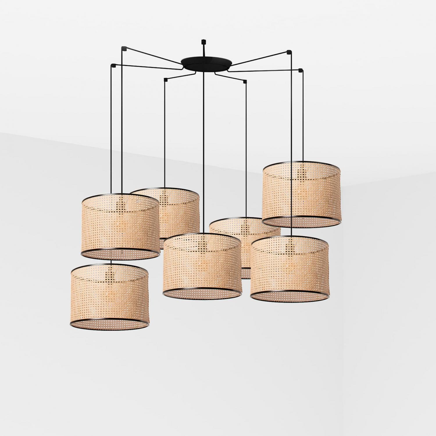 Levně FARO 64314-49-7L MAMBO závěsné svítidlo, černá/ratan, pr.450 7L - FARO