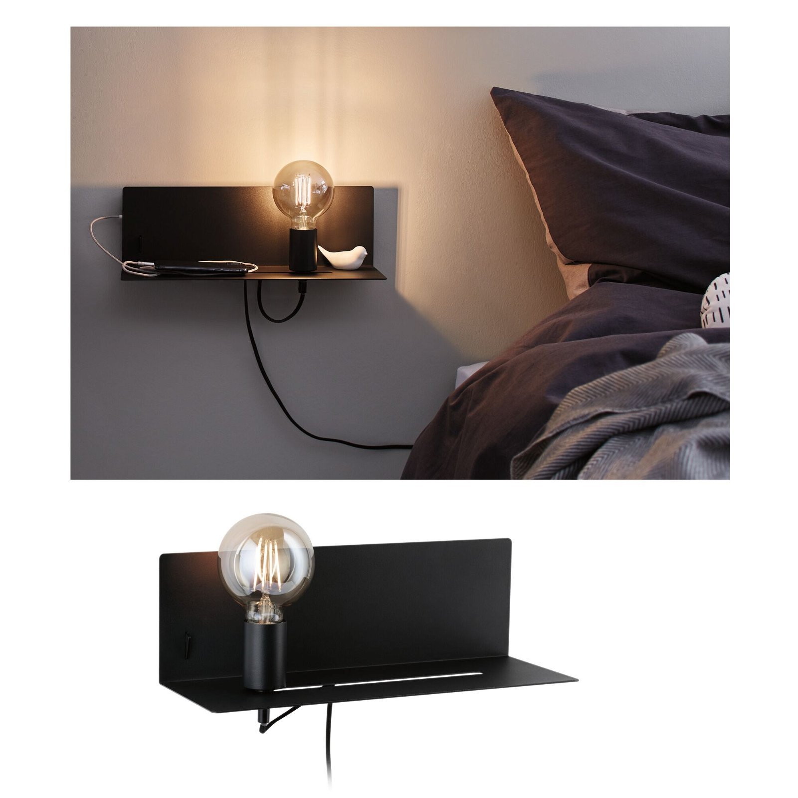 P 96775 Nástěnné svítidlo Devara USB C E27 230V max. 40W stmívatelné černá mat - PAULMANN
