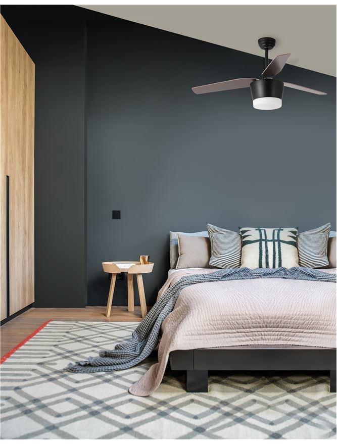 NV 5260251 Stropní ventilátor se světlem MONSOON tělo z oceli matná černá a sklo 3ABS dřevěné listy LED 18W 3000K - NOVA LUCE