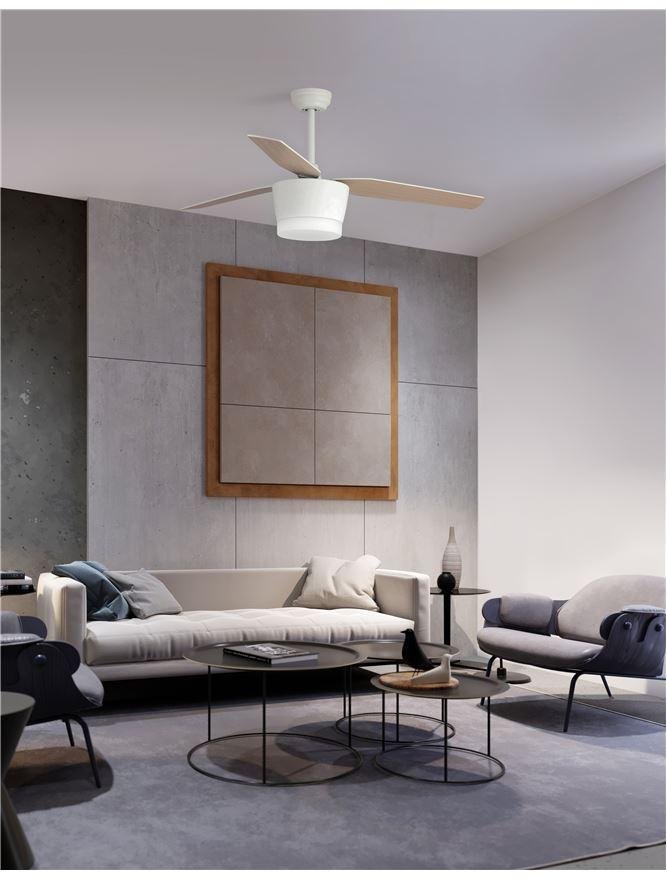 NV 5260261 Stropní ventilátor se světlem MONSOON tělo z oceli matná bílá a sklo 3ABS dřevěné listy LED 18W 3000K - NOVA LUCE