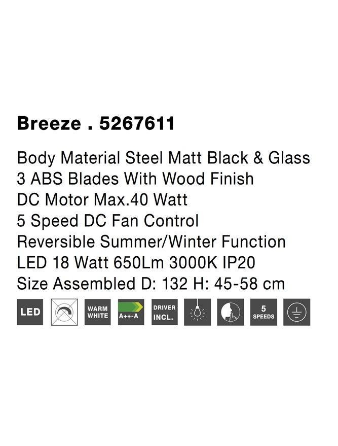 NV 5267611 Stropní ventilátor se světlem BREEZE matná černá / sklo 3ABS dřevěné listy LED 18W 3000K - NOVA LUCE (obrázek 9)