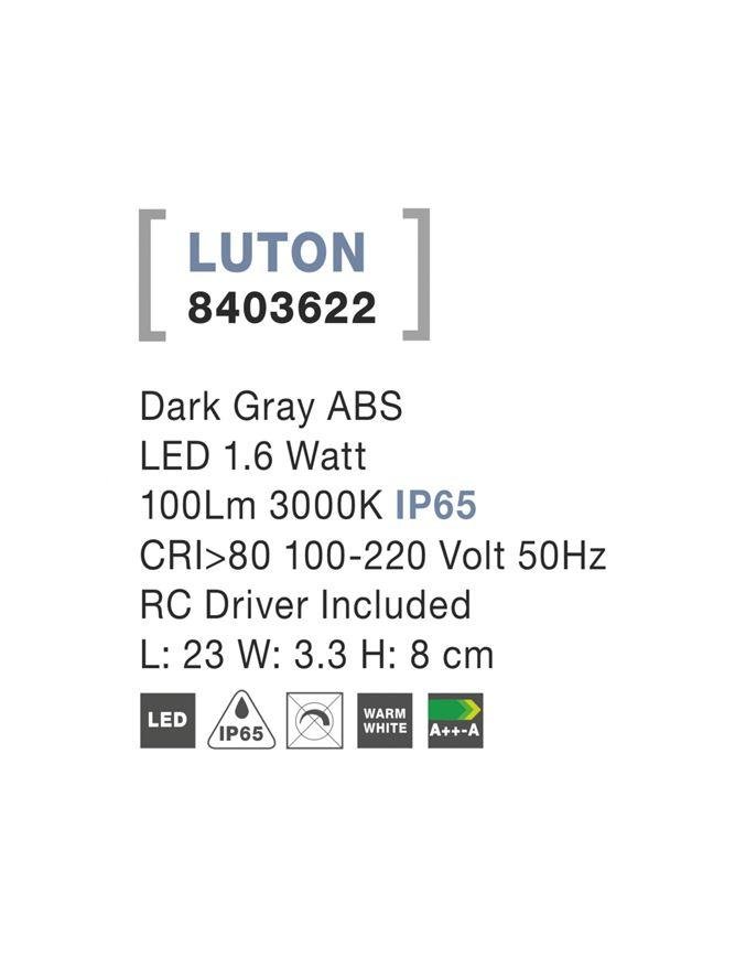NV 8403622 Venkovní nástěnné svítidlo LUTON tmavě šedý ABS LED 1.6W 3000K IP65 100-220V vč. driveru - NOVA LUCE (obrázek 3)