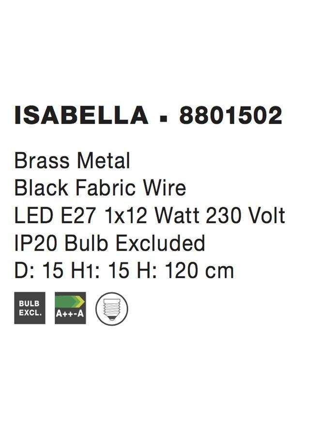 NV 8801502 Závěsné svítidlo ISABELLA mosaz a černý kabel, E27 1x12W - NOVA LUCE (obrázek 3)