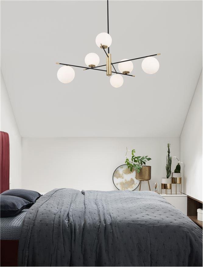 NV 9009296 Závěsné svítidlo GITCHI matná černá a zlatý kov opálové sklo G9 6x5W 230V IP20 bez žárovky - NOVA LUCE