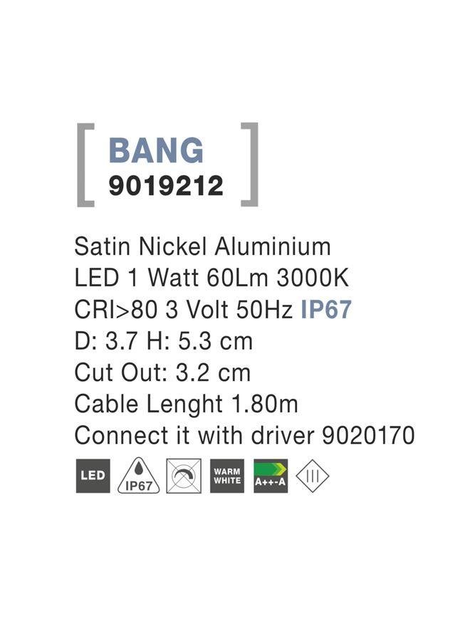 NV 9019212 Venkovní zapuštěné svítidlo do země BANG nikl satén hliník LED 1W 3000K 3V IP67 délka kabelu 1.80m použijte driver 9020170 - NOVA LUCE (obrázek 4)