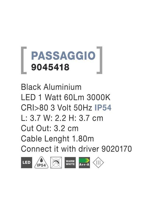 NV 9045418 Venkovní zapuštěné svítidlo do zdi PASSAGGIO černý hliník LED 1W 3000K 3V IP54 délka kabelu 1.80m použijte driver 9020170 - NOVA LUCE (obrázek 3)