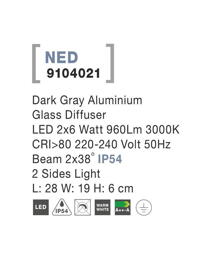 NV 9104021 Venkovní nástěnné svítidlo NED tmavě šedý hliník skleněný difuzor LED 2x6W 3000K 220-240V 2x38st. IP54 světlo po dvou stranách - NOVA LUCE (obrázek 4)