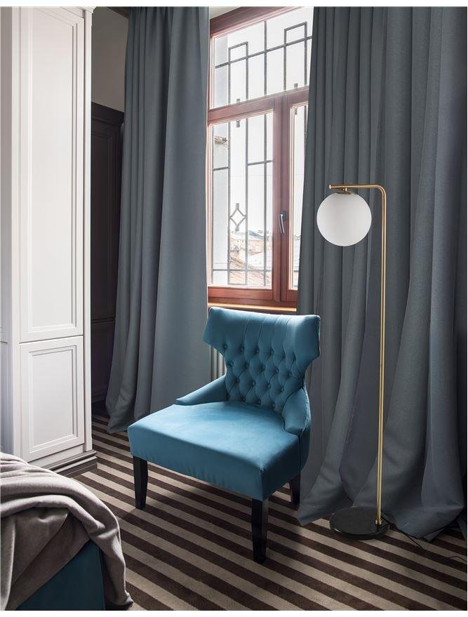 NV 9136702 Stojací lampa ALVAREZ saténový zlatý kov a černý mramor bílé opálové sklo E27 1x12W 230V bez žárovky IP20 - NOVA LUCE
