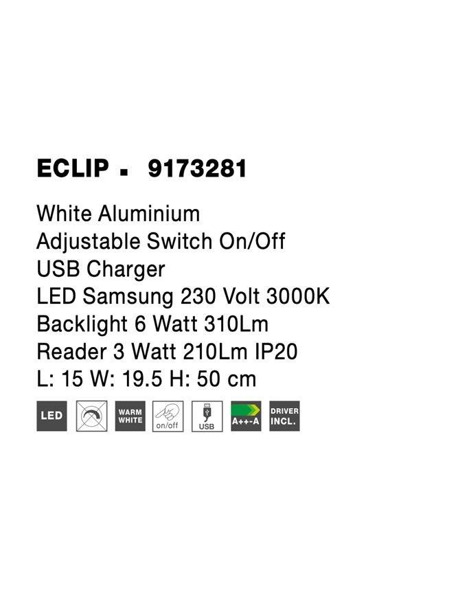 NV 9173281 Bodové svítidlo ECLIP bílý hliník nastavitelné vypínač na těle USB nabíjení LED Samsung 230V 3000K osvětlení 6W čtecí lampička 3W IP20 - NOVA LUCE (obrázek 7)