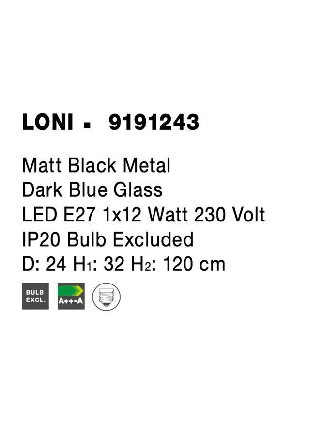 NV 9191243 Závěsné svítidlo LONI matný černý kov tmavě modré sklo E27 1x12W 230V IP20 bez žárovky - NOVA LUCE (obrázek 9)