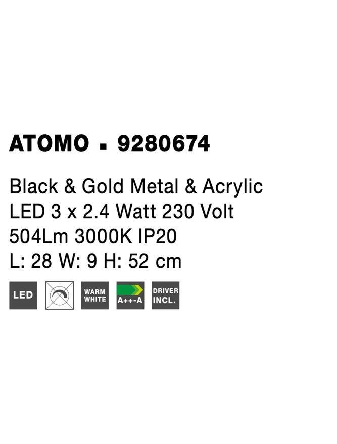 NV 9280674 Závěsné svítidlo ATOMO černá a zlatý kov a akryl LED 3 x 2.4W 230V 3000K IP20 - NOVA LUCE (obrázek 7)