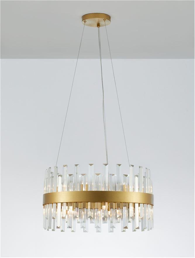 NV 9695218 Závěsné svítidlo CROWN saténový zlatý kov čirý křišťál (48 ks) G9 7x5W 230V IP20 bez žárovky - NOVA LUCE