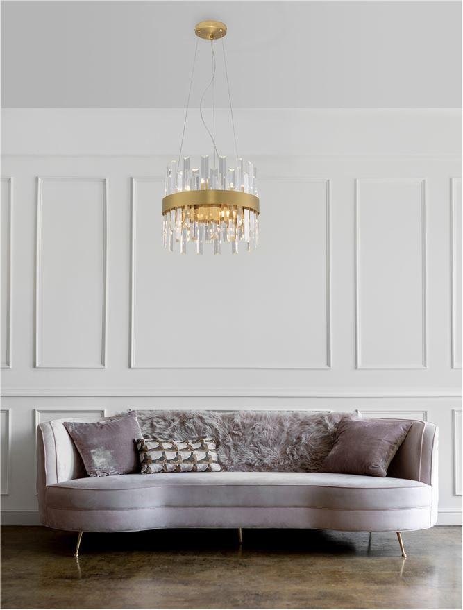 NV 9695219 Závěsné svítidlo CROWN saténový zlatý kov čirý křišťál (30 ks) G9 5x5W 230V IP20 bez žárovky - NOVA LUCE