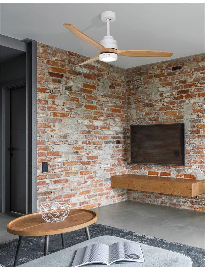 NV 9952314 Stropní ventilátor se světlem NATURE matná bílá ocel a sklo dubové dřevo 5 rychlostí 25W LED - NOVA LUCE