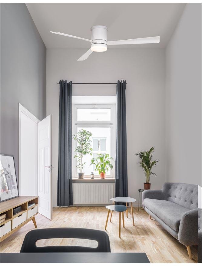 NV 9953015 Stropní ventilátor se světlem SILKY matná bílá ocel a sklo bílé dřevené listy 5 rychlostí 35W LED 18W 3000K - NOVA LUCE