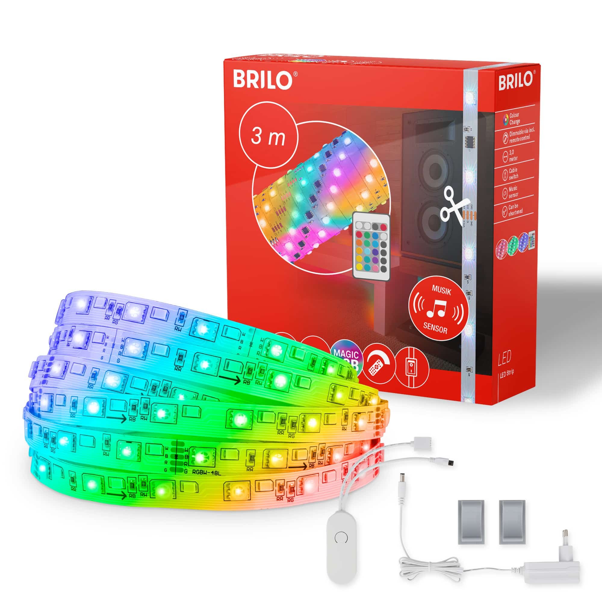 BRILO 2311-090 Magic RGBIC LED pásek, 3 metry, s hudebním senzorem, 12 W, umělá hmota - BRILO