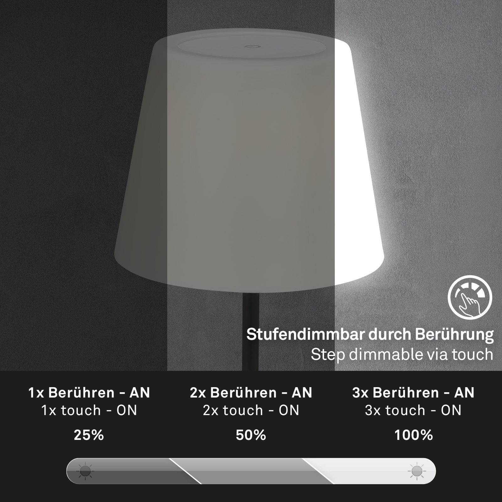 BRILO 7032-415 LED venkovní stolní lampa s dotykovým vypínačem, pr.30 cm, LED modul, 3 W, 340 Lm, černá - BRILO (obrázek 3)