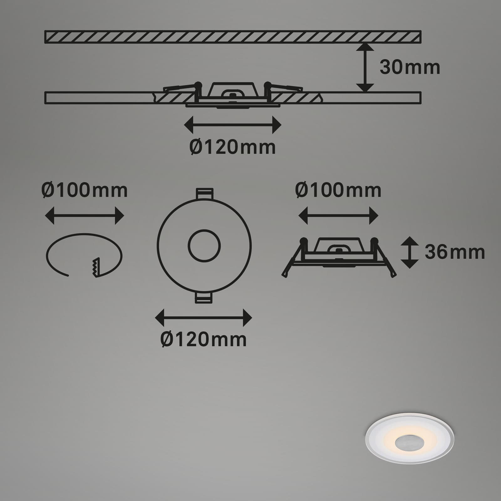 BRI 7043-039 LED vestavné svítidlo, pr.12 cm, 3x LED, 6 W, 650 lm, hliník - BRILONER (obrázek 6)