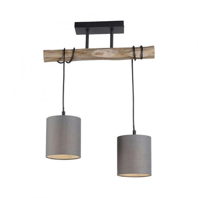 LD 15182-29 TRIBU Závěsné svítidlo látkové stínidlo taupe, 2-ramenné patice 2x E27 dřevo - LEUCHTEN DIREKT / JUST LIGHT