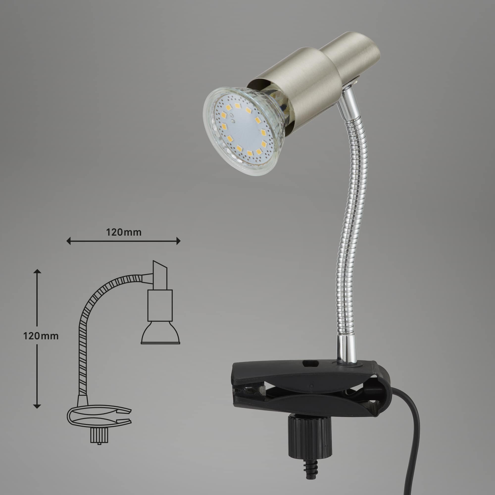 BRI 2877-012P Flexibilní svítidlo se svorkou 12 cm 1xGU10 3W 250lm matný nikl - BRILONER (obrázek 4)