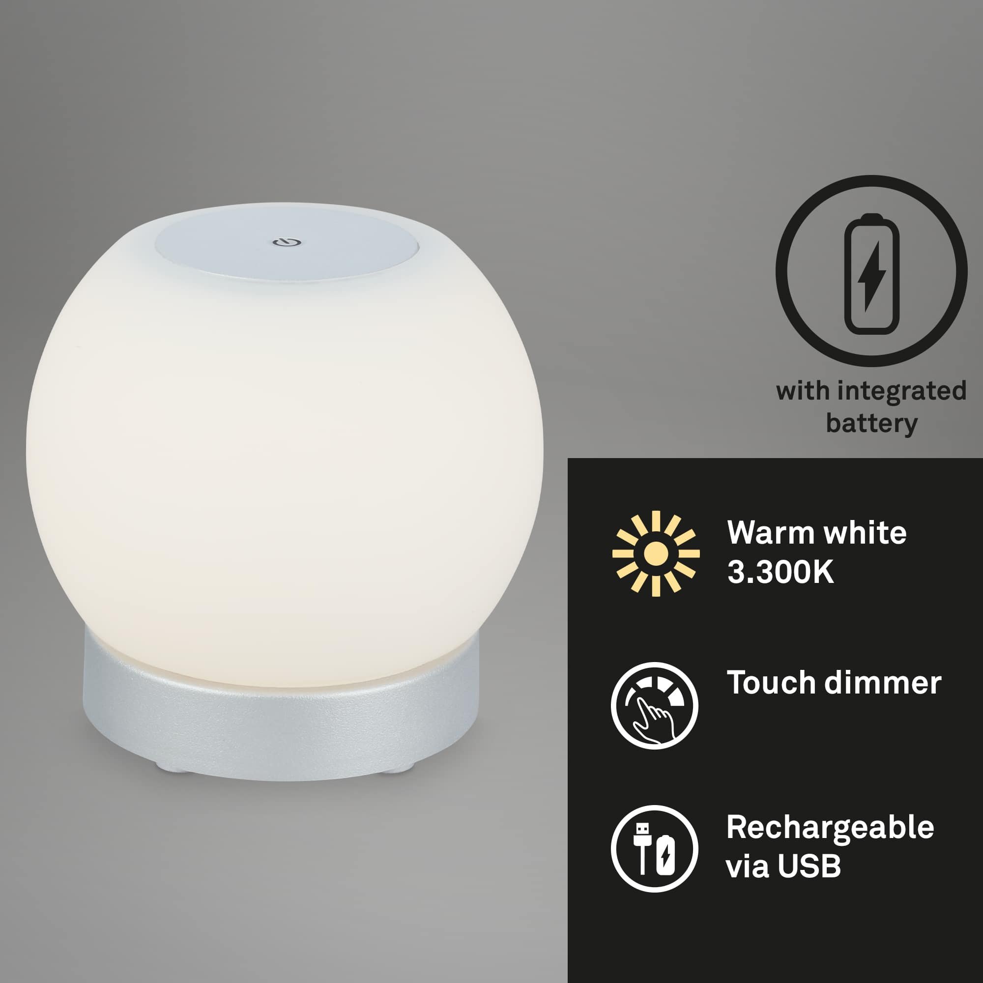 BRILO 7439-014 ///  LED bateriové stolní svítidlo, pr.16 cm, LED modul, 3W, 350 lm, matný chrom - BRILO (obrázek 2)