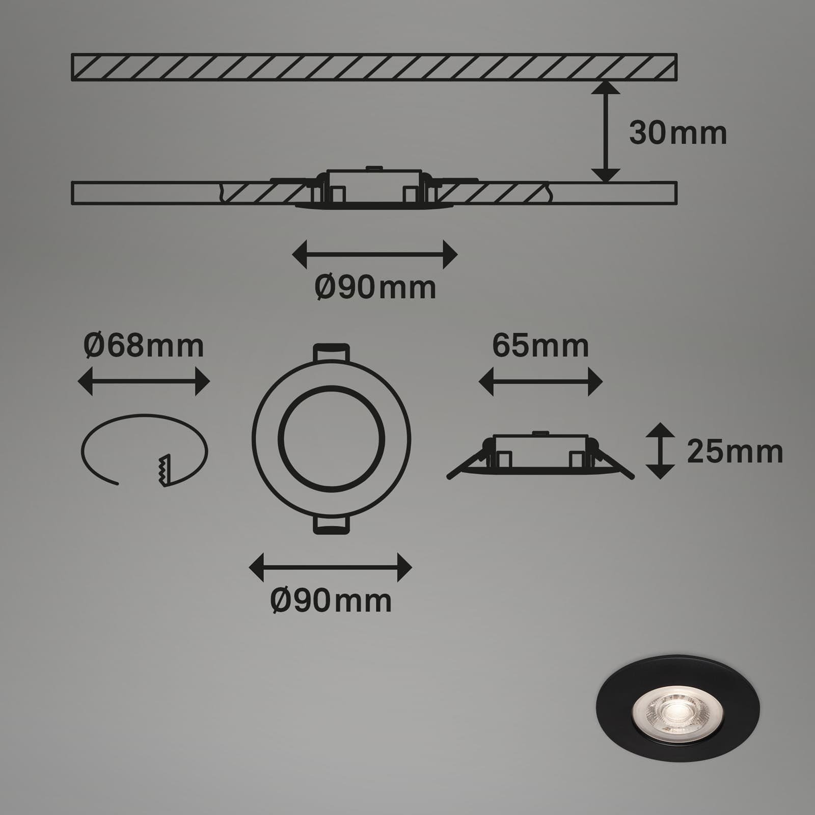 BRI 7036-035 LED vestavná svítidla, pr.9 cm, 3x LED, 4,9 W, 480 lm, černá - BRILONER (obrázek 7)