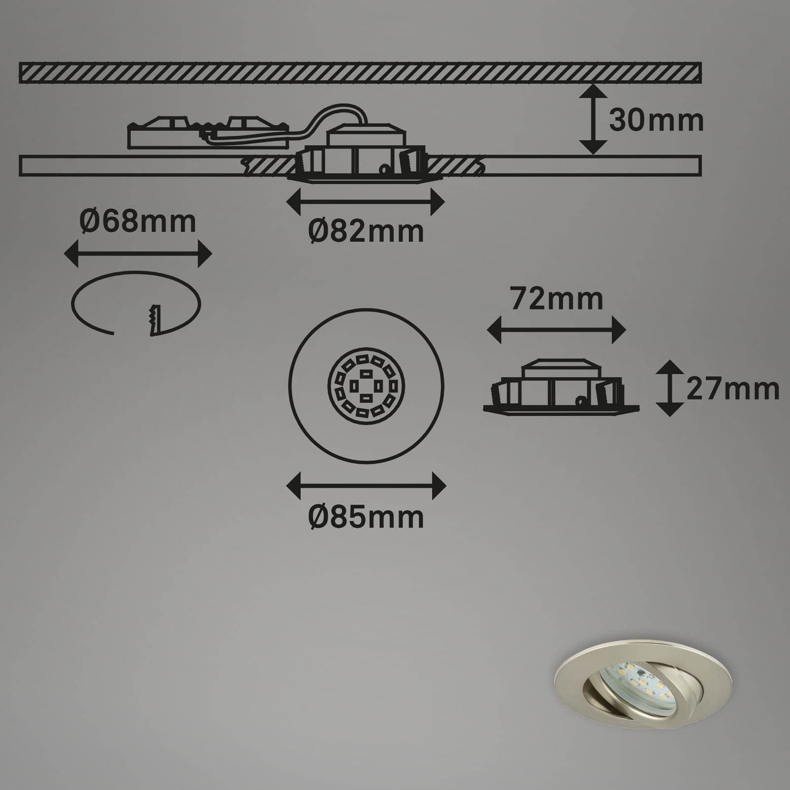 BRI 7232-032 3ks sada LED vestavné svítidlo, pr. 8,2 cm, 5,5 W, matný nikl - BRILONER (obrázek 7)