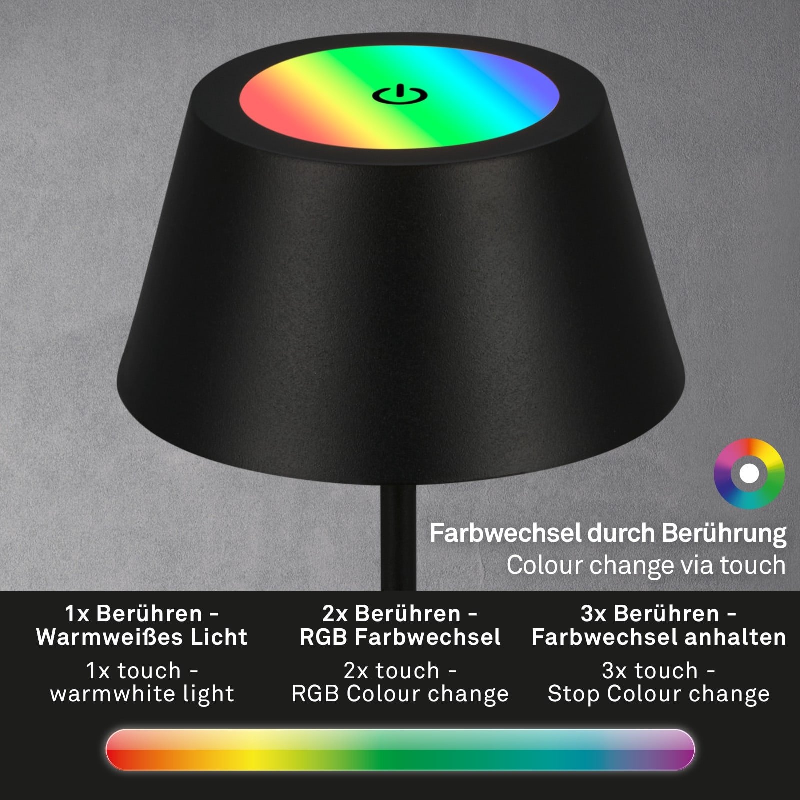BRILO 7466015 LED RGB nabíjecí stolní lampa 38 cm 2,6W 200lm černá - BRILO (obrázek 3)