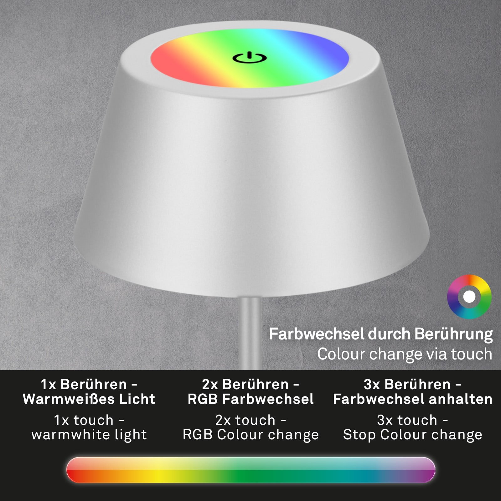 BRILO 7466018 LED RGB nabíjecí stolní lampa 38 cm 2W 200lm chrom - BRILO (obrázek 4)