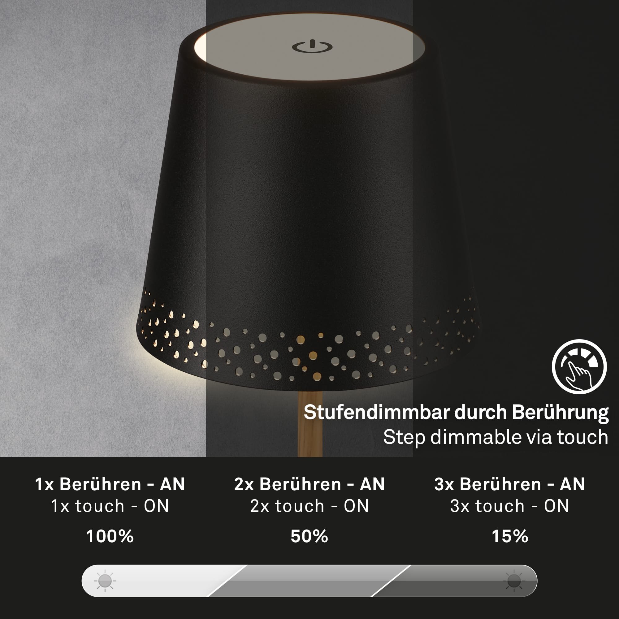 BRILO 7438-114 LED nabíjecí stolní lampa 38 cm 2,6 W 280lm černá-dřevo - BRILO (obrázek 4)