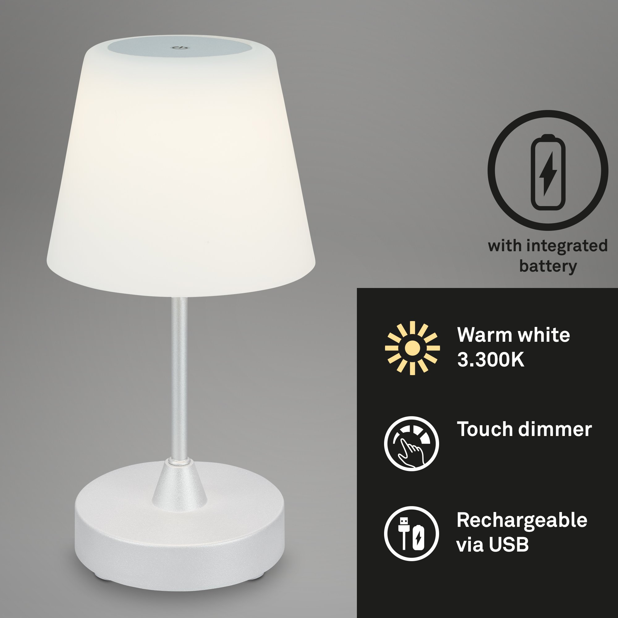 BRILO 7445-014 LED bateriové stolní svítidlo pr.12,5 cm, LED modul, 3W, 350 lm, matný chrom - BRILO (obrázek 2)