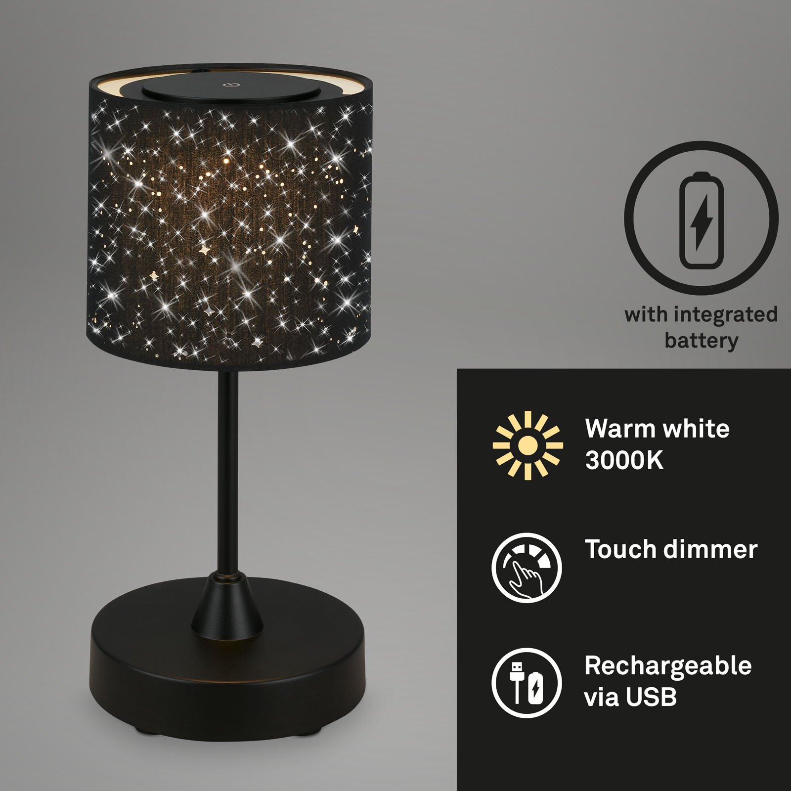 BRILO 7443-015 LED bateriové stolní svítidlo, pr.12,5 cm, LED modul, 3W, 350 lm, černá - BRILO (obrázek 2)