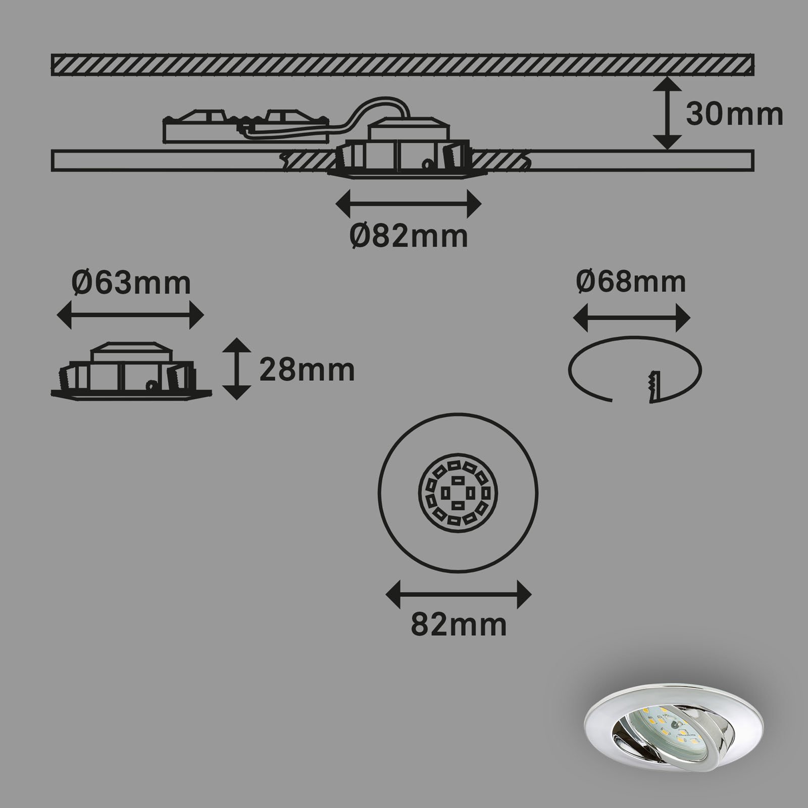 BRI 7209-038 3ks sada LED vestavné svítidlo, pr. 8,2 cm, 5 W, chrom - BRILONER (obrázek 6)