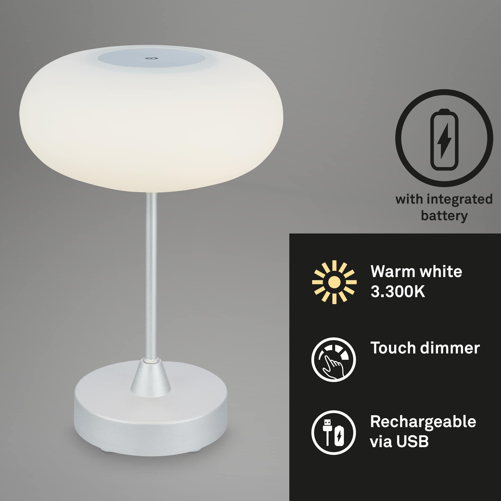 BRILO 7440-014 LED bateriové stolní svítidlo pr.12,5 cm, LED modul, 3W, 350 lm, matný chrom - BRILO (obrázek 2)
